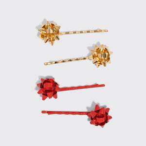 Metal Gift Bow Bobby Pins 4pc Set - Red & Gold