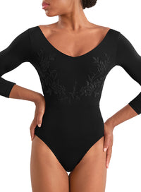 Mirella Embroidered V Neck 3/4 Sleeve Leotard