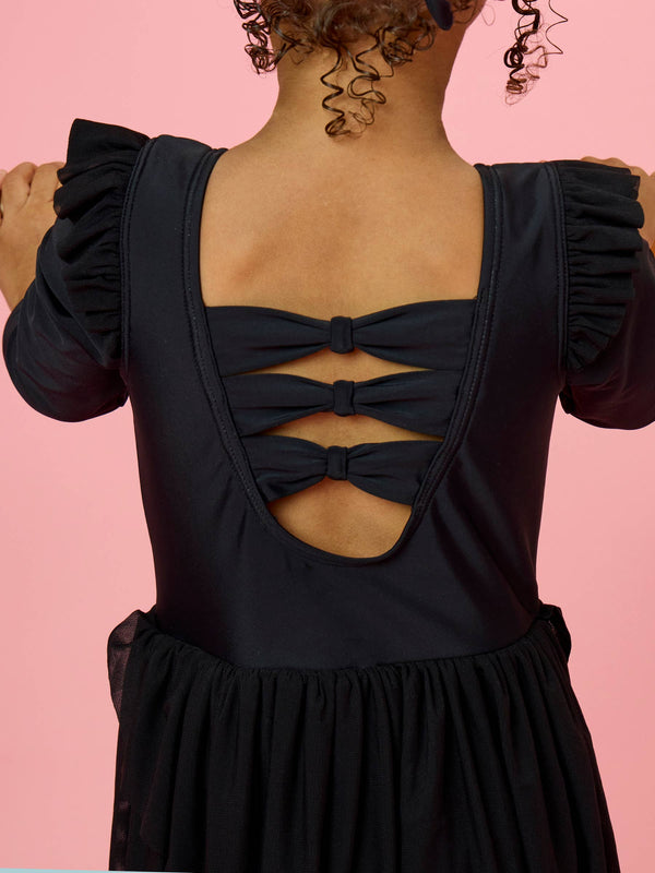 Girls Black Flutter Long Sleeve Dance & Gymnastics Leotard