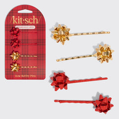 Metal Gift Bow Bobby Pins 4pc Set - Red & Gold