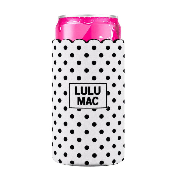 Lulu Mac Slim Can Koozie White/Black Dot