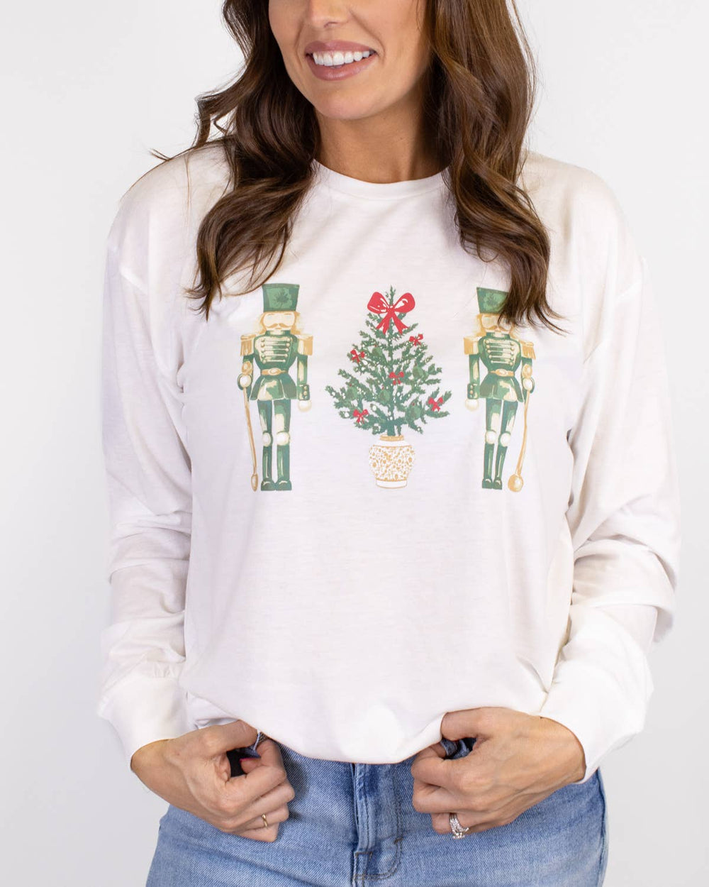 Watercolor Nutcracker Long Sleeve Crew Neck T-Shirt   White/Multi
