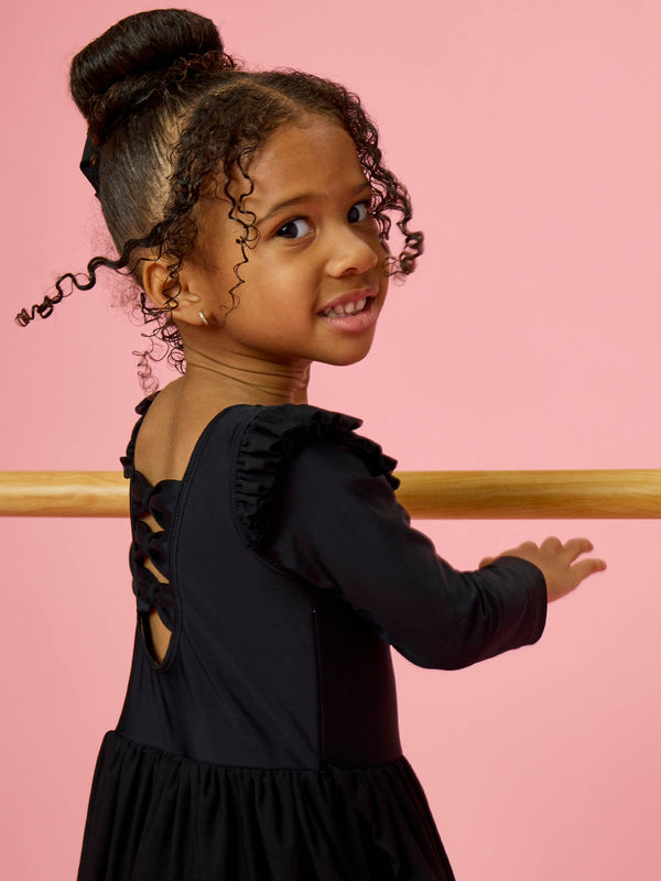 Girls Black Flutter Long Sleeve Dance & Gymnastics Leotard