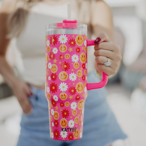 KATYDID RED FLOWER HAPPY FACE TUMBLER