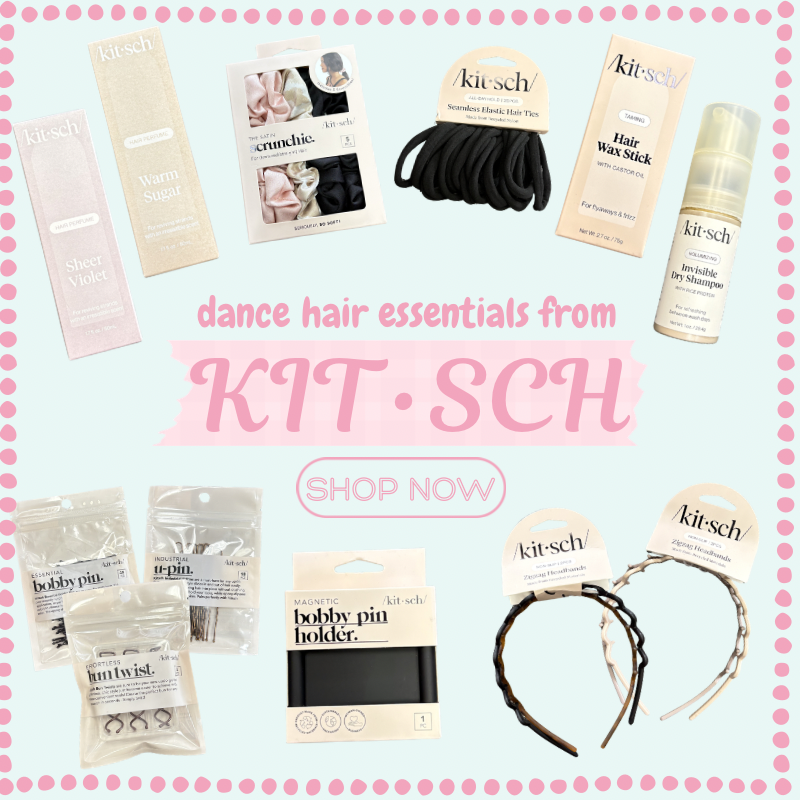 A collage of Kitsch dance hair accessories and styling products on a pale pink background with a pink polka-dot border. Visible items include hair clips, a hair wax stick, a hair oil spray, bobby pins, and headbands, with large text reading 'dance hair essentials from KIT • SCH' and a 'SHOP NOW' button.