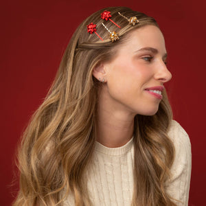 Metal Gift Bow Bobby Pins 4pc Set - Red & Gold
